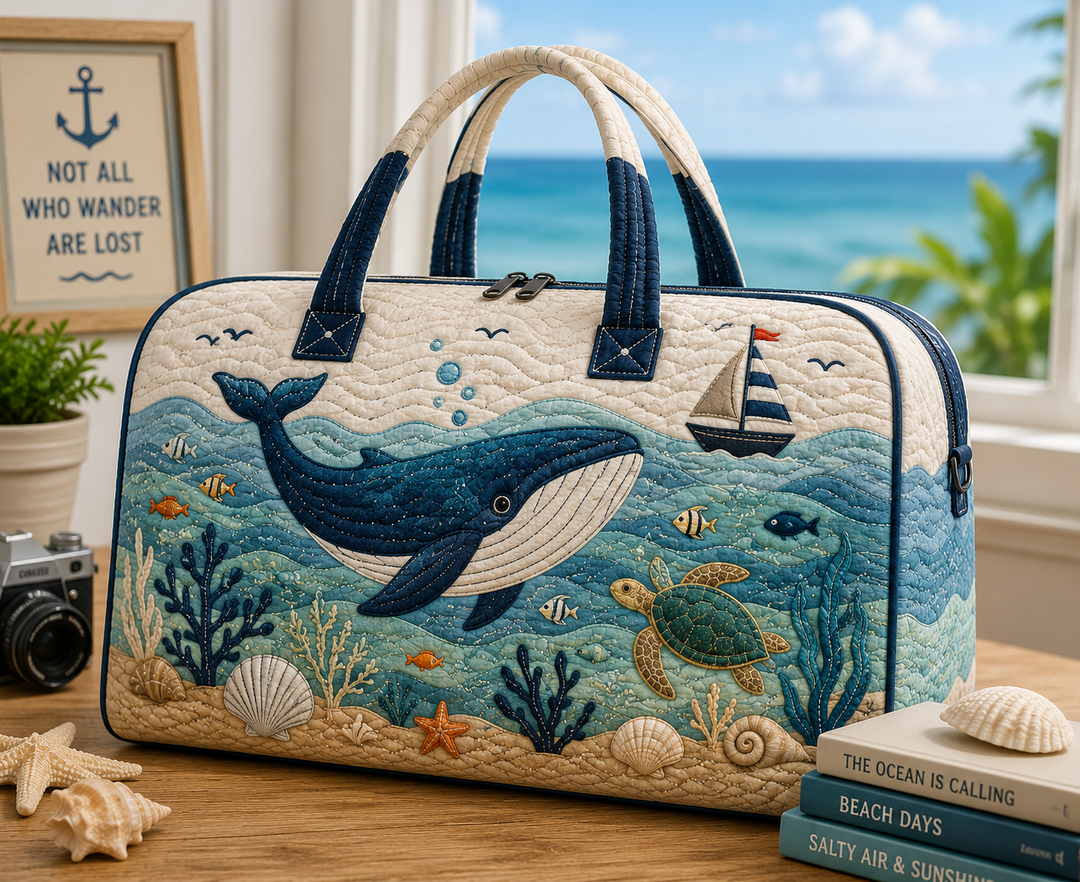 Ocean Whale Quilted Weekender Bag, Coastal Travel Duffel