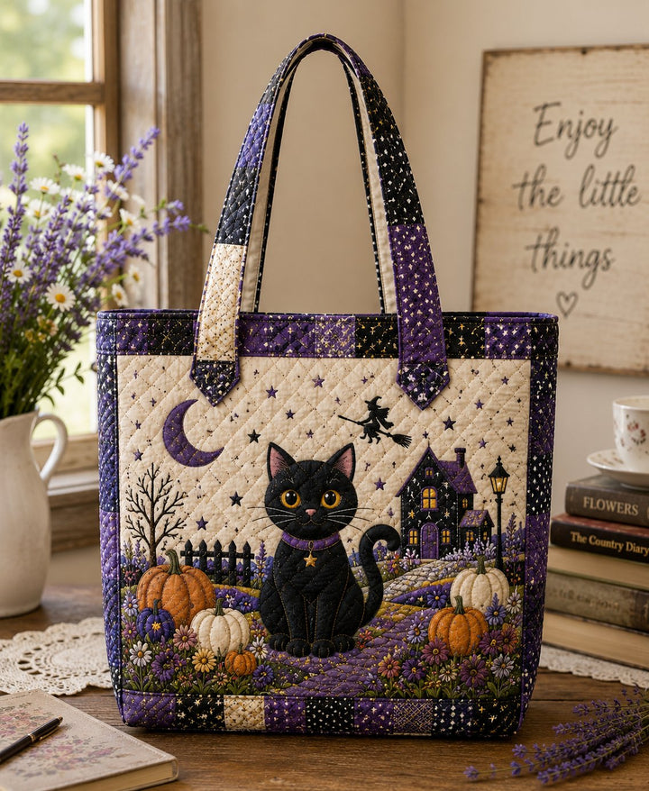Halloween Quilted Tote Bag, Black Cat Witch Pumpkin, Gift for Her