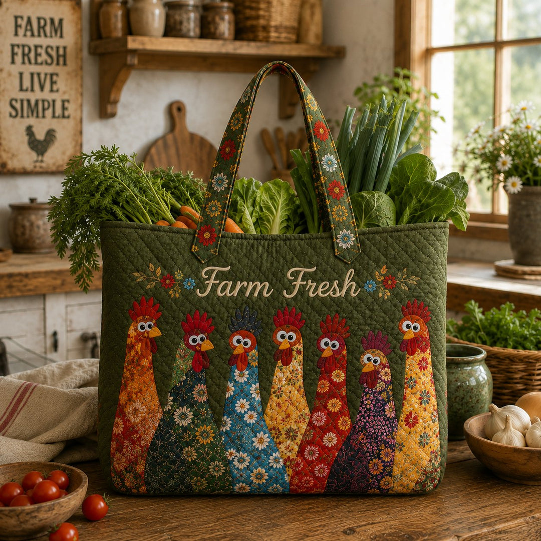 Chicken Quilted Tote Bag, Colorful Farmhouse, Gift for Her Mom
