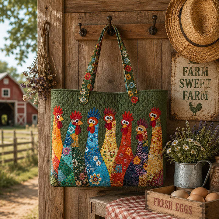 Chicken Quilted Tote Bag, Colorful Farmhouse, Gift for Her Mom