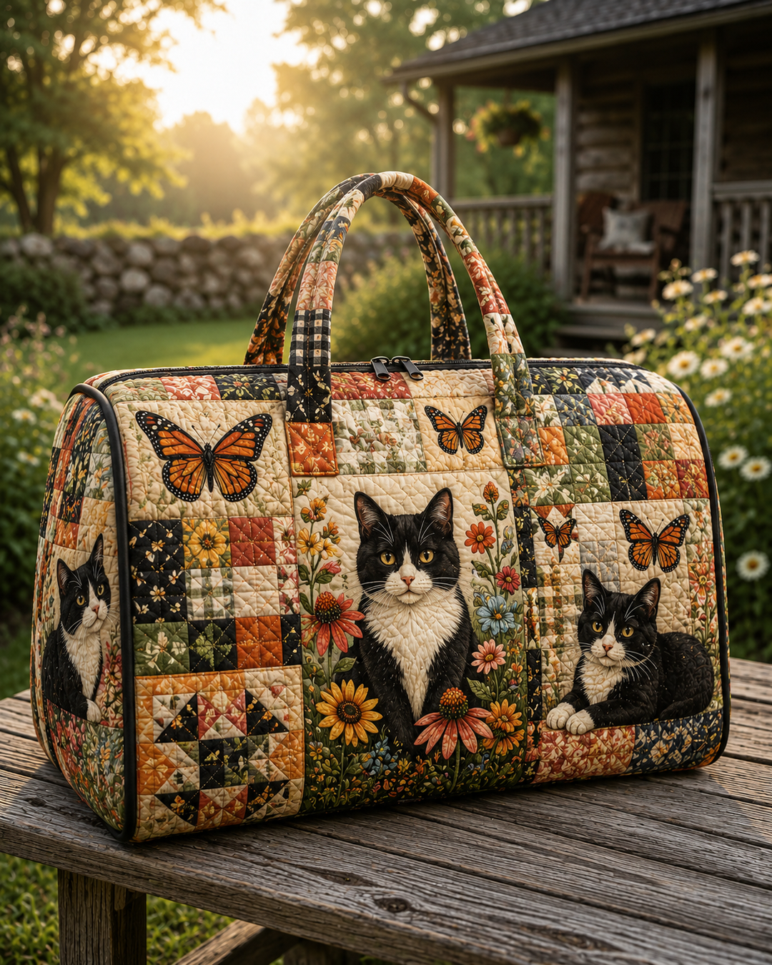 Tuxedo Cat Quilted Weekend Bag, Floral Patchwork Travel Duffle