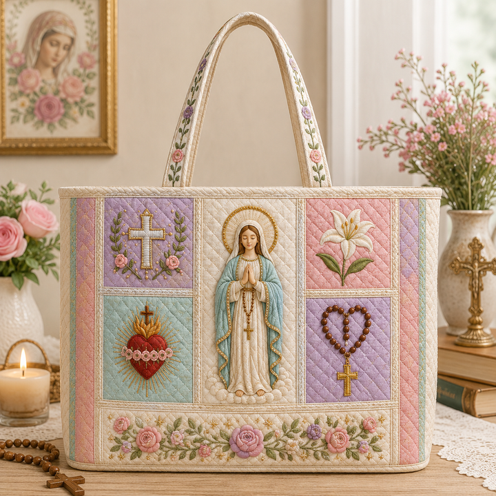 Virgin Mary Quilted Tote, Catholic Gift, Religious Floral Bag