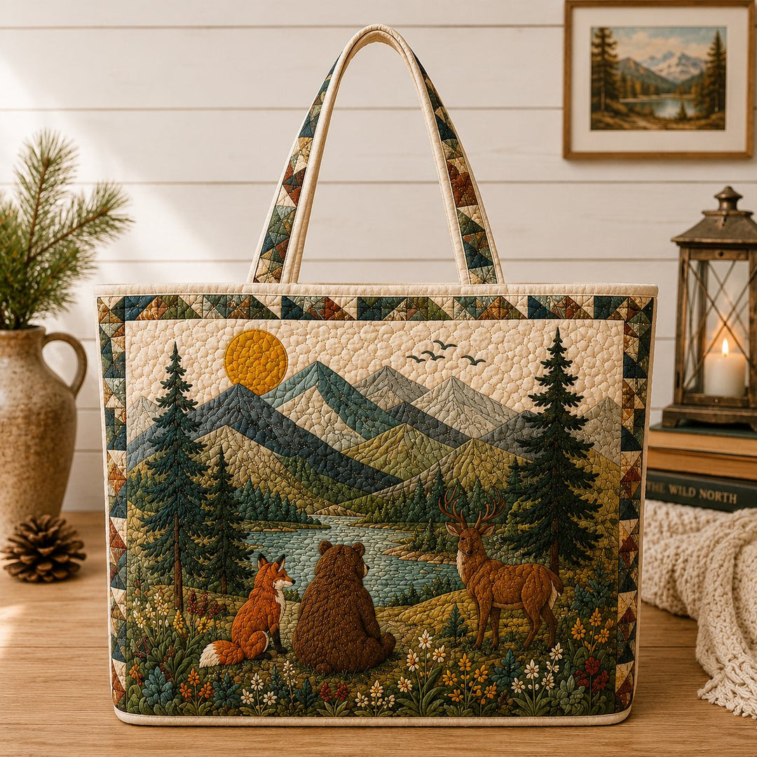 Quilted Woodland Tote Bag, Bear Fox Deer, Nature Lover Gift, Rustic