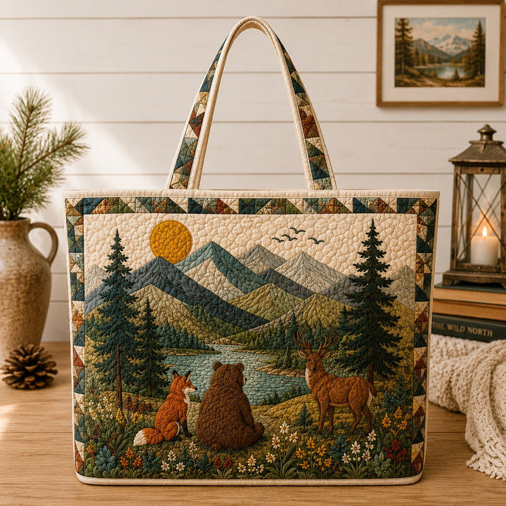 Quilted Woodland Tote Bag, Bear Fox Deer, Nature Lover Gift, Rustic