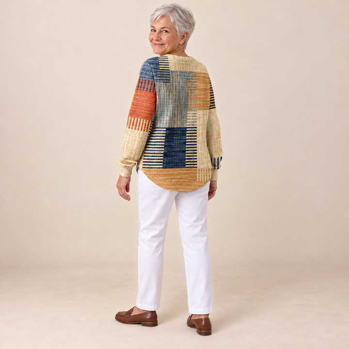 Patchwork mintás waffel pulóver Leyla – 3. kép