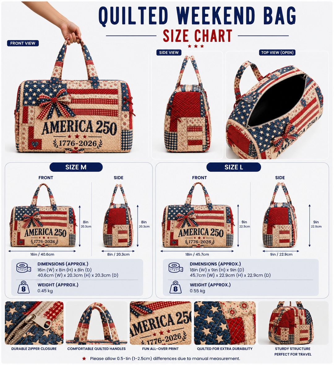 America Quilted Weekender Bag, Patriotic USA Travel Duffel, Gift for Her