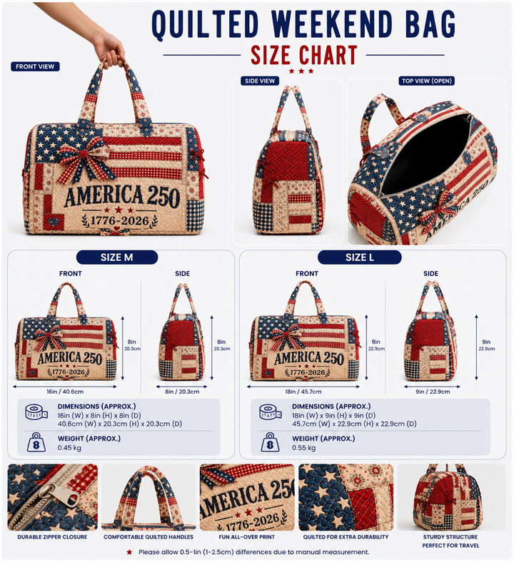 America Quilted Weekender Bag, Patriotic USA Travel Duffel, Gift for Her