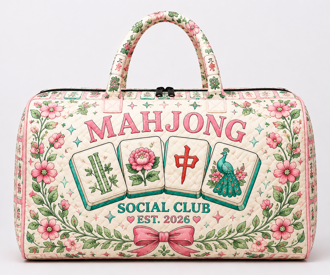 Mahjong Quilted Weekend Bag, Floral Tile Travel Tote, Gift for Her