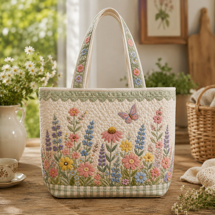 Spring Wildflower Quilted Tote, Botanical Floral Market Bag, Gift for Her