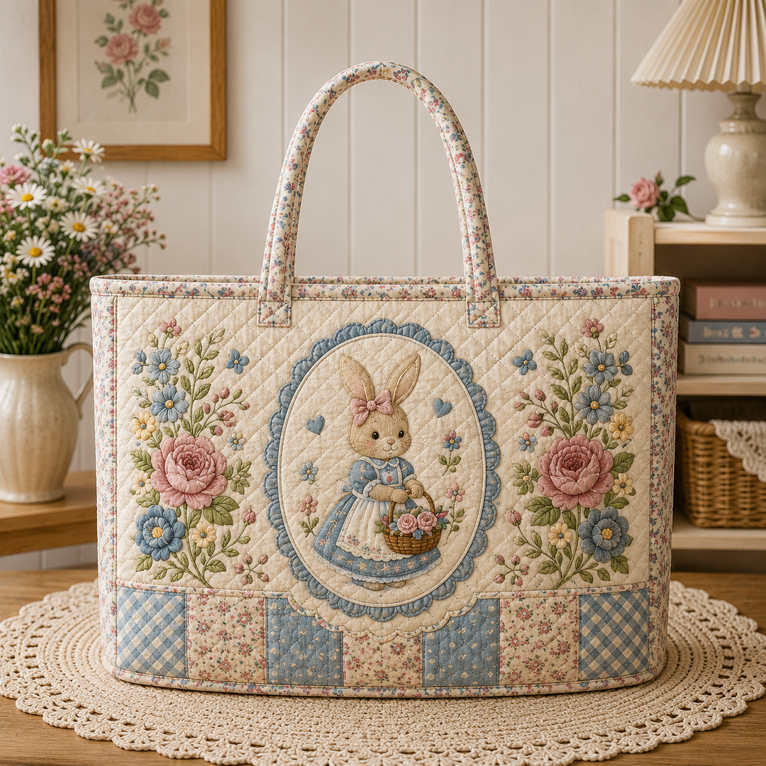 Vintage Bunny Quilted Tote Bag, Floral Rabbit Patchwork, Easter Gift