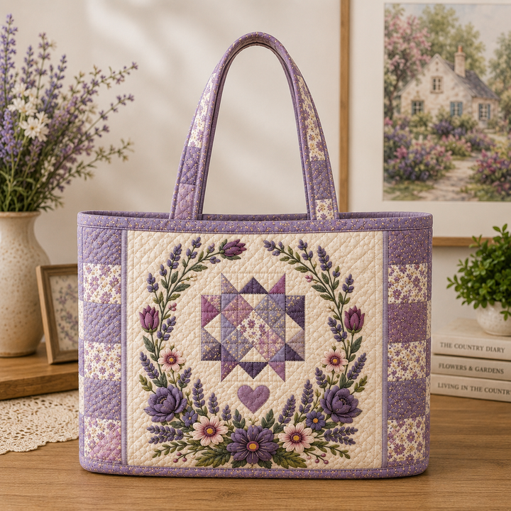 Lavender Floral Quilted Tote Bag, Purple Patchwork Gift for Her
