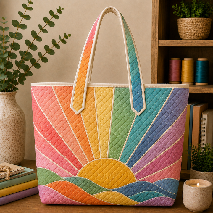 Rainbow Sunburst Quilted Tote Bag, Boho Hippie Market Bag, Gift for Her