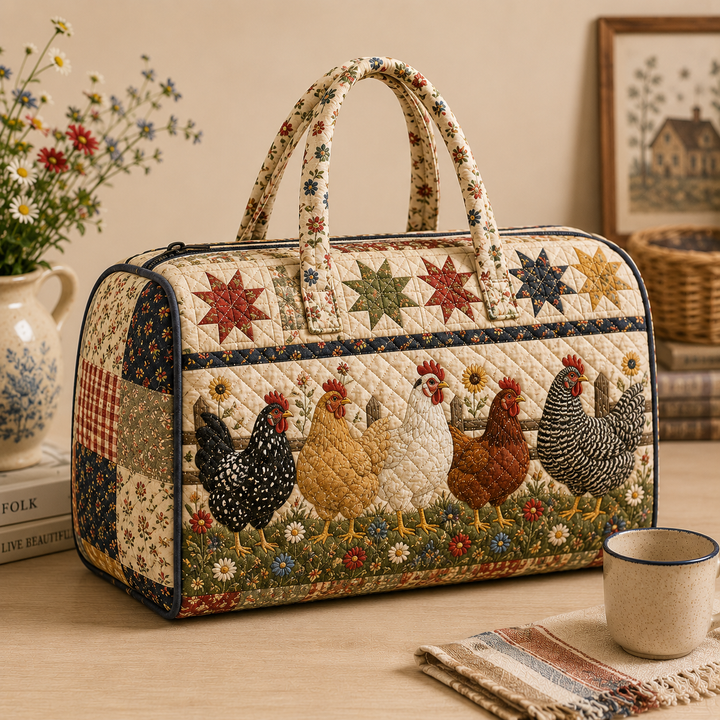 Farm Chicken Quilted Bag, Rustic Rooster Weekender, Gift for Her
